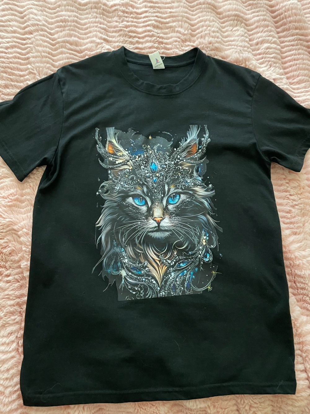 Black Short Sleeve Tee with Ornate Blue-Eyed Cat Graphic